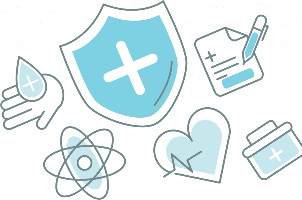 A collection of healthcare-themed icons, including a shield with a cross, a hand holding a droplet with a cross, a document with a pen, a heart with a heartbeat line, a pill container with a cross, and an atom-like symbol.